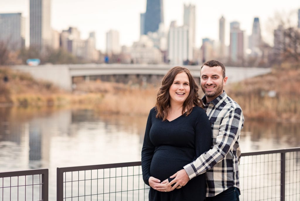 Lincoln park nature boardwalk maternity pictures girl standing in front of husband