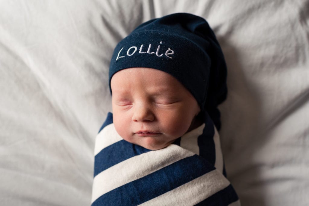 los angeles Fresh 48 in hospital session twins baby with blue and white striped wrap embroidered hat