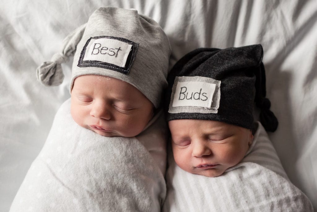 Fresh 48 in hospital session twins los angeles babies wearing best buds hats